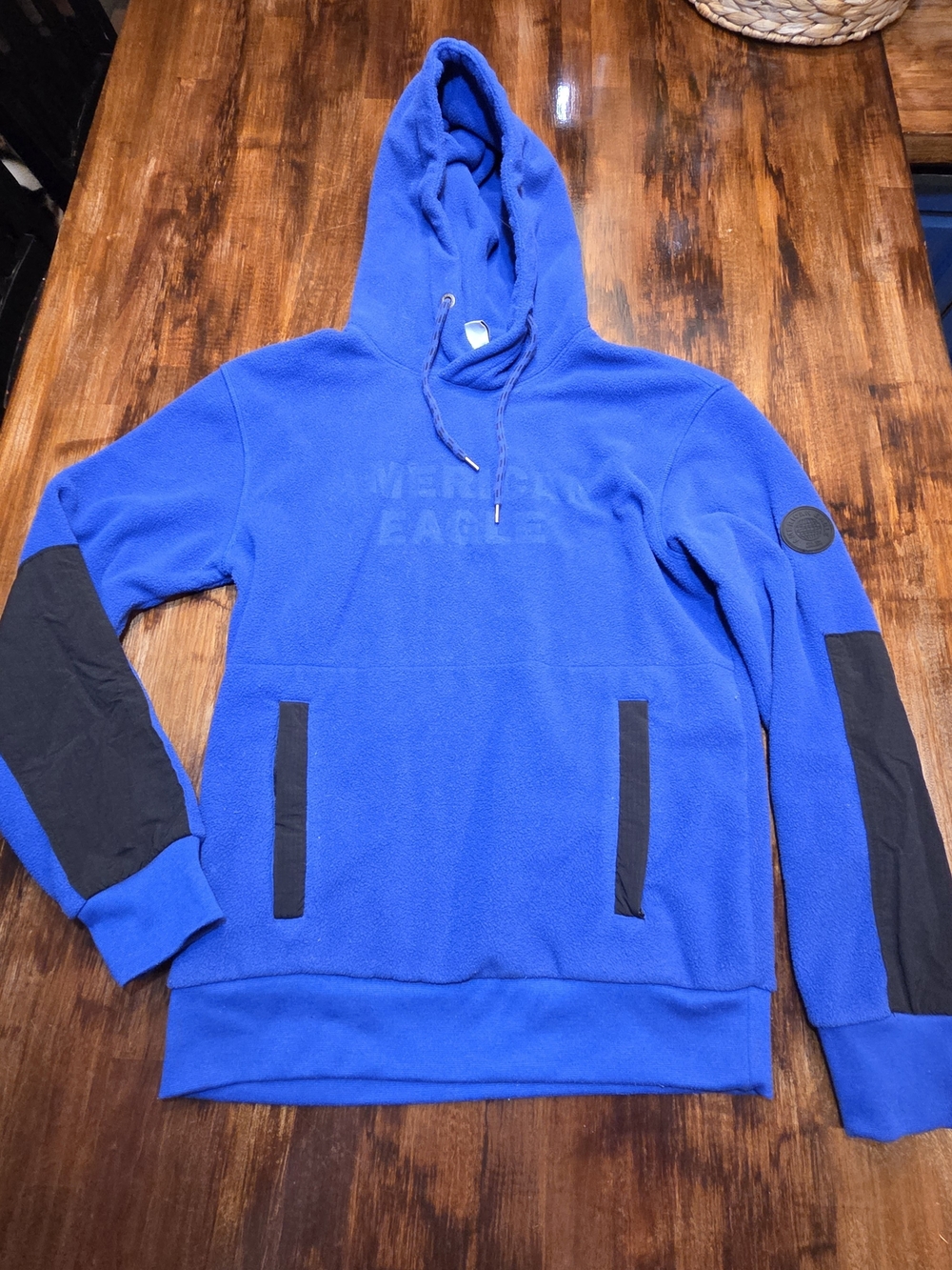 American Eagle Sweatshirt mens XS Blue Spell out Elbow Patches Hoodie Fleece